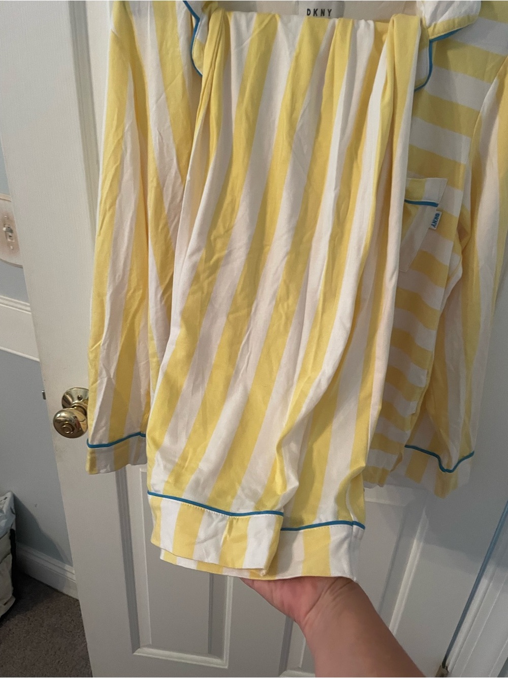 DKNY Yellow and White Striped Kids Pajama Set with Blue Trim - Picture 8 of 11